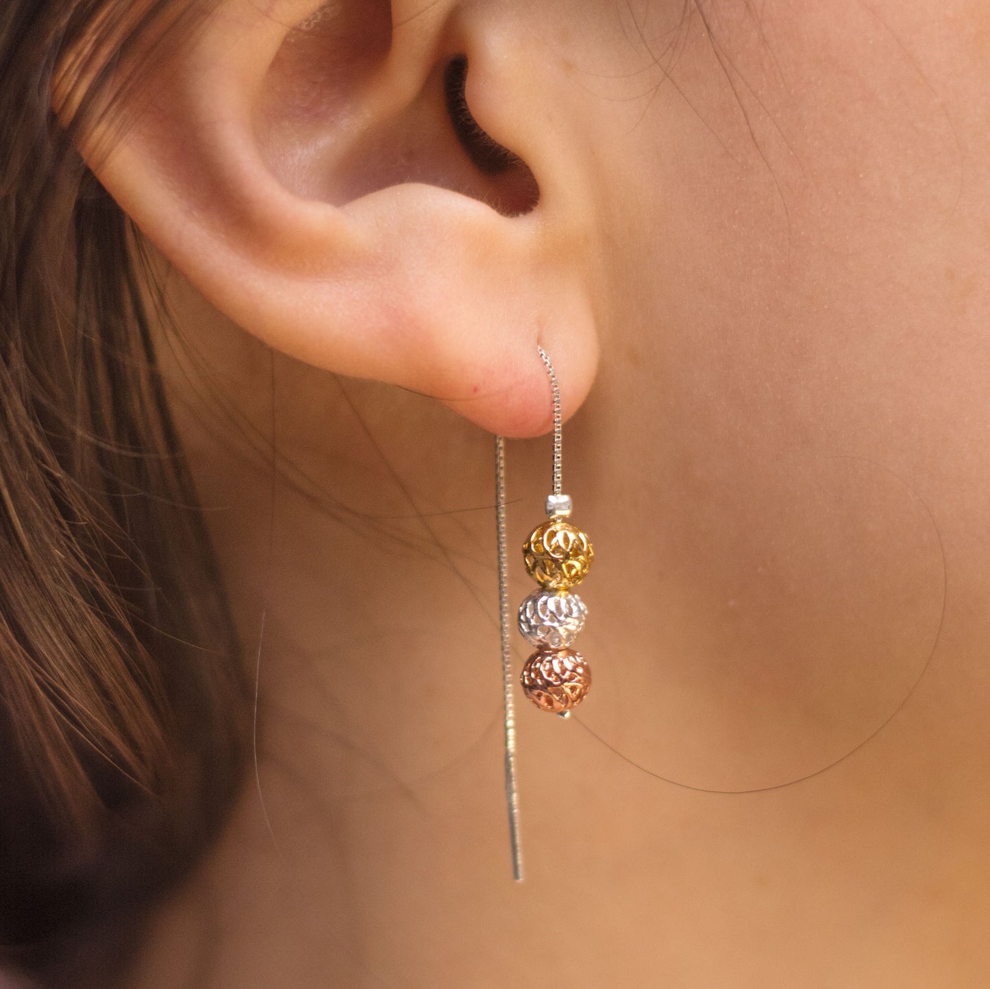 Aretes Largos Tres Esferas Mini en Filigrana