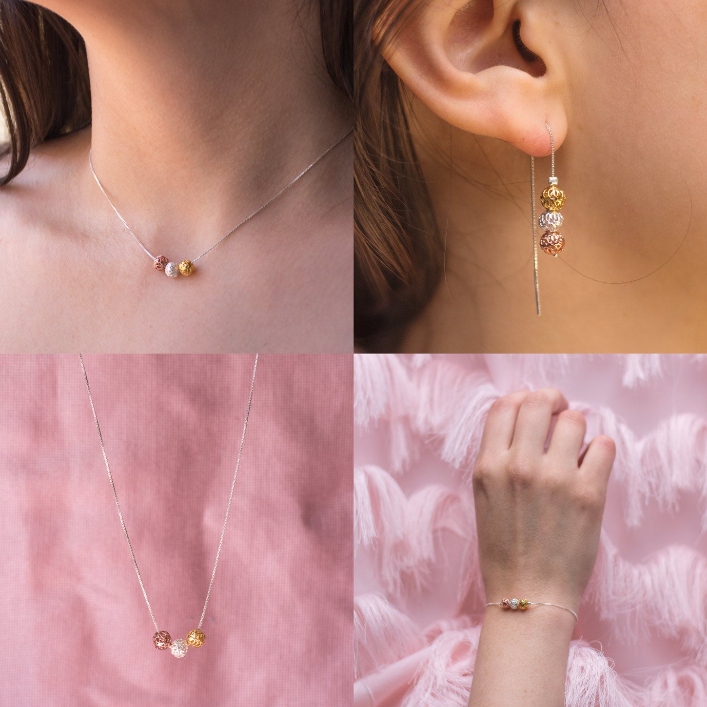 Set Tres Esferas Mini - Collar, Aretes y Pulsera en Filigrana