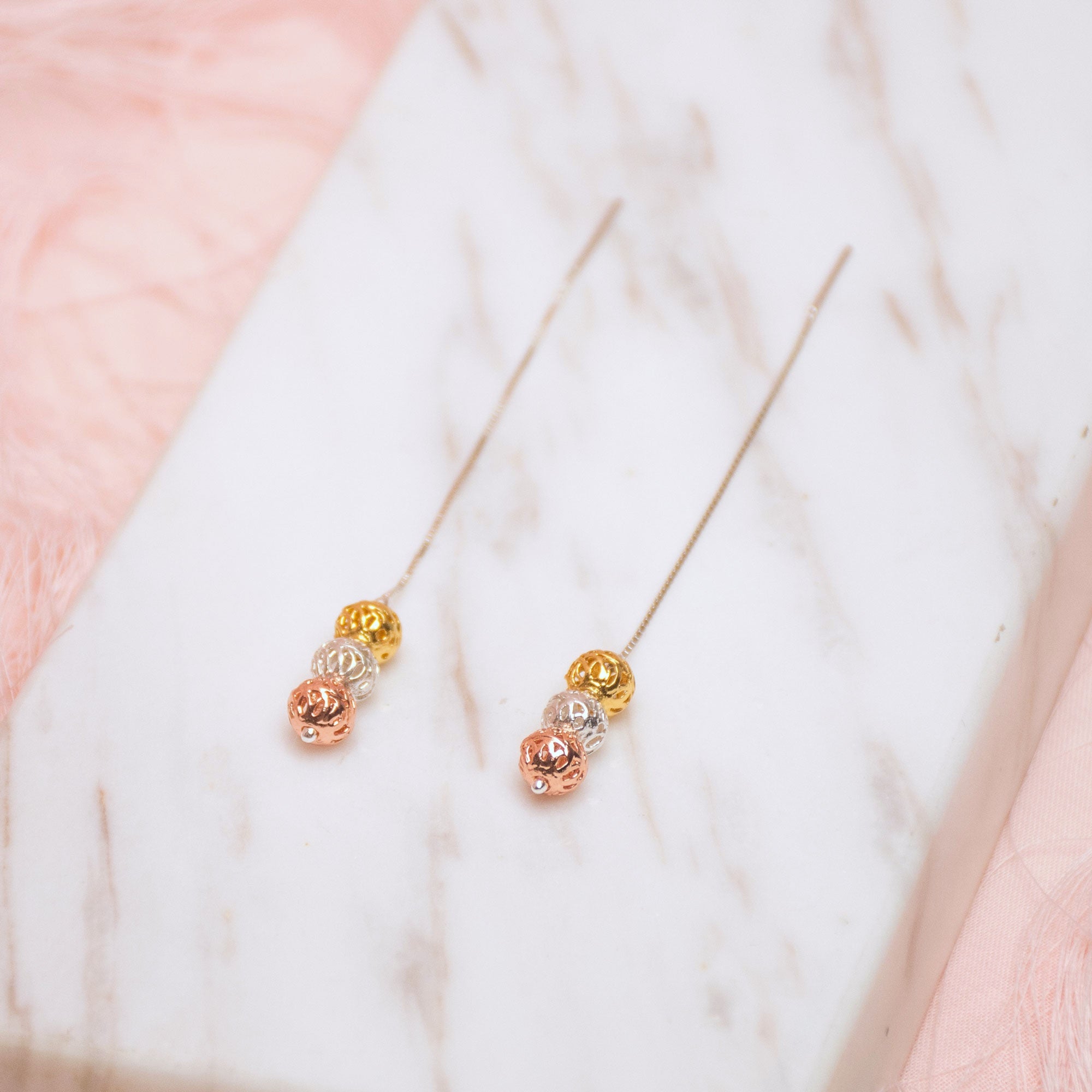 Aretes Largos Tres Esferas Mini en Filigrana