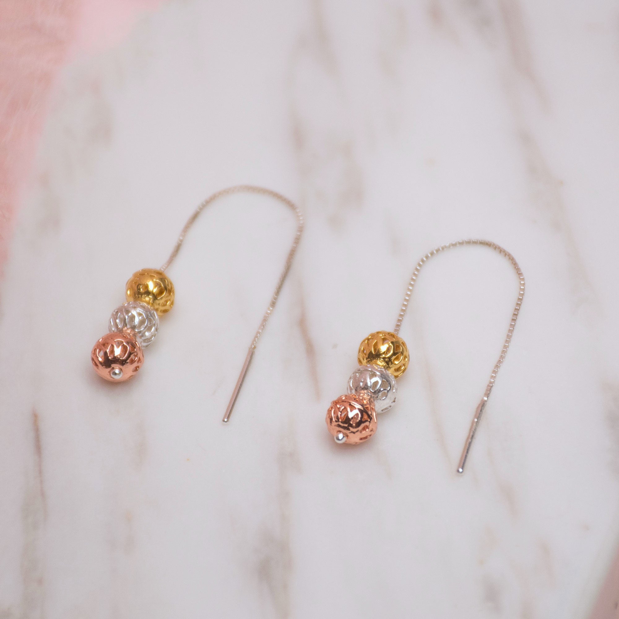 Aretes Largos Tres Esferas Mini en Filigrana